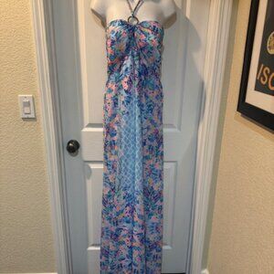 NWOT Gorgeous Lilly Pulitzer VIV Blue and Pink Chain Necklace Maxi Halter Dress